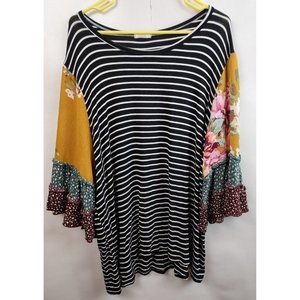 Oddy Black White Striped 3/4 Bell Sleeve BOHO Tunic Top Size 3X